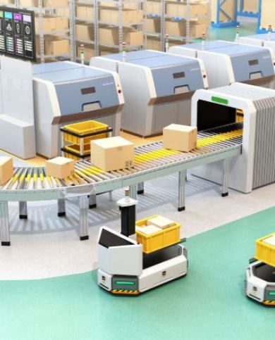 Self_driving_AGV_with_forklift_carrying container_box_beside_conveyor_0_2